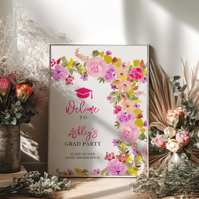 Póster Graduación de primavera de flores silvestres de ro (Bohemian pink roses wildflowers spring graduation poster)