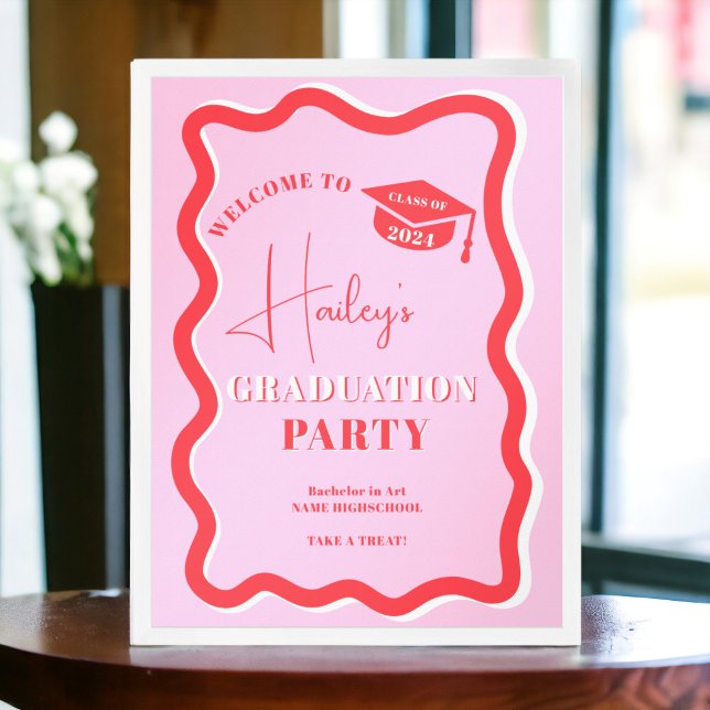 Póster Graduación ondulada de curva roja rosada retro (Retro pink red curve squiggle wavy graduation poster)