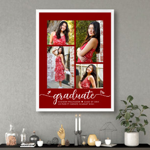 Póster Graduación Roja 4 Foto Script Corazones Moderno Fe