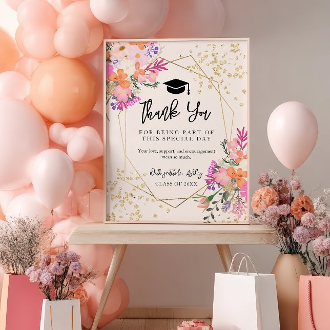 Póster Graduación Rosa Floral Purpurina Boho Gold Gracias (Boho Gold Glitter Floral Pink Graduation Thank You Poster)