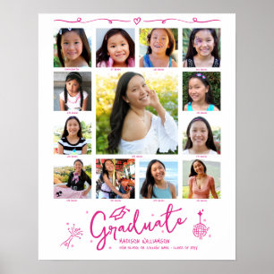 Póster Graduación Rosa K–12 Collage de Fotos Garabatos Bl