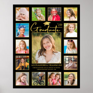 Póster Graduado Moderno Negro Oro 15 Collage de Fotos