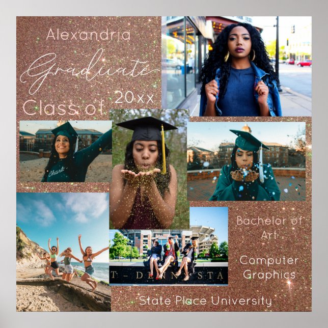 Póster Graduate Class of Photo 3- Rose Gold Glitter (Frente)