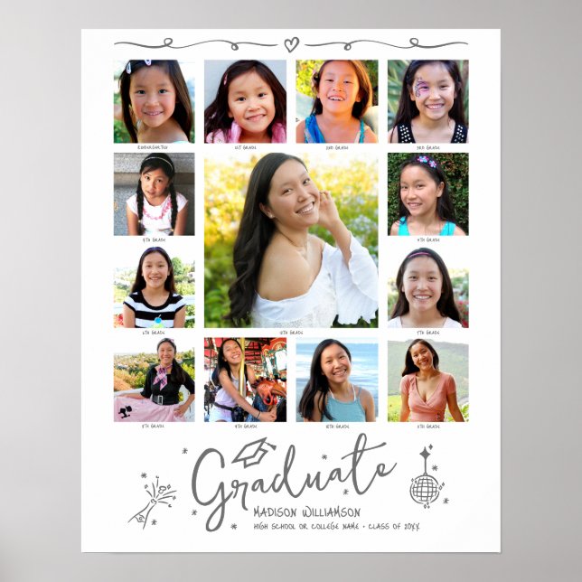 Póster Graduation K–12 Photo Collage Gray Doodles White (Frente)