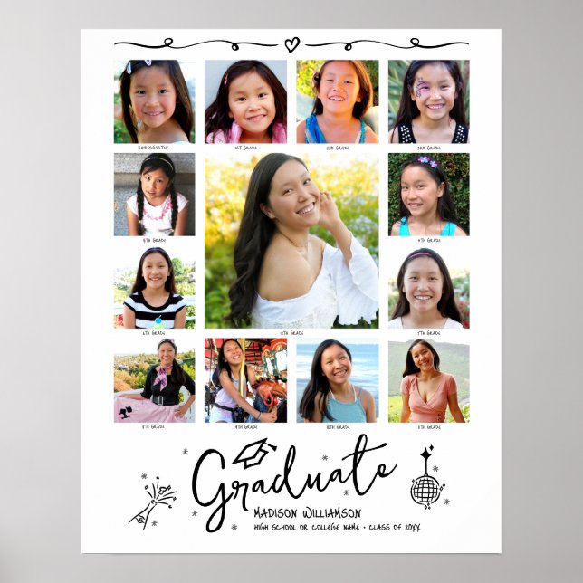 Póster Graduation K–12 Photo Collage White Black Doodles (Frente)