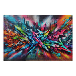 Póster Graffiti auf Ziegelwand mit Skyline Streetart