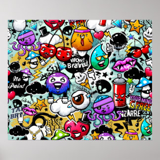 Póster Graffiti de frutas y verduras locas