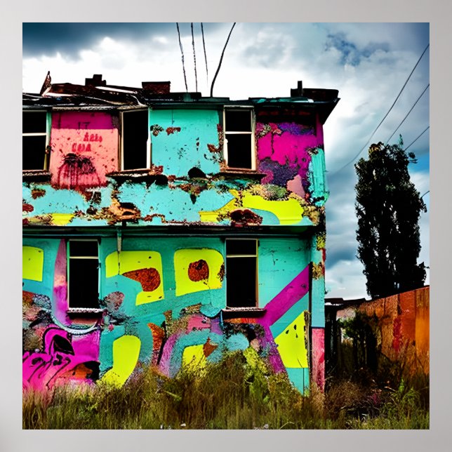 Póster Graffiti rosa y Verde azulado | Casa abandonada (Frente)