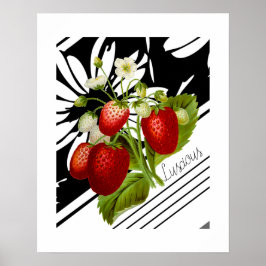 Póster Gráfica blanca negra de fresas rojas vintage