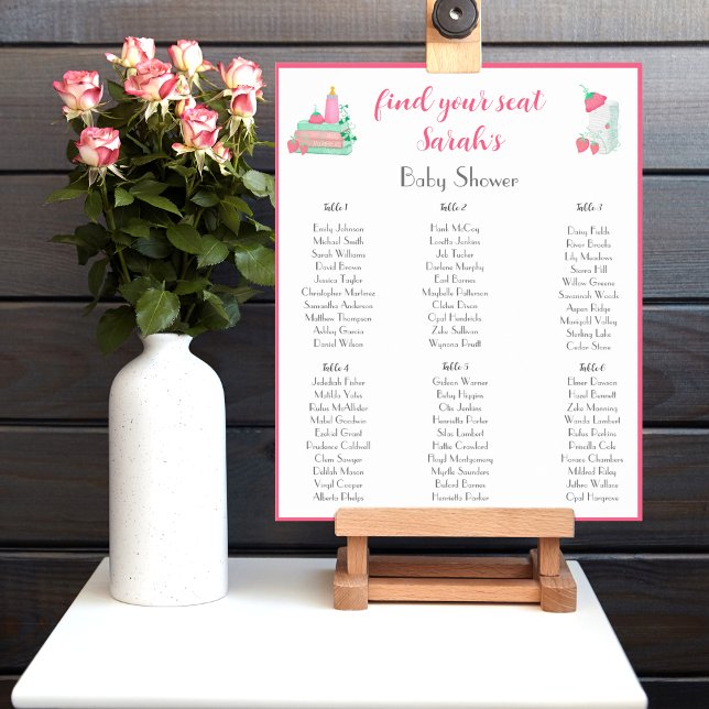 Póster Gráfica de asientos Baby Shower para la ropa de be (Sweet Seats: Strawberry Baby Outfit Shower Seating Chart Delightfully Arranged!)