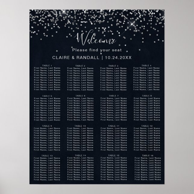 Póster Gráfica de asientos Boda de caligrafía de confetti (Frente)