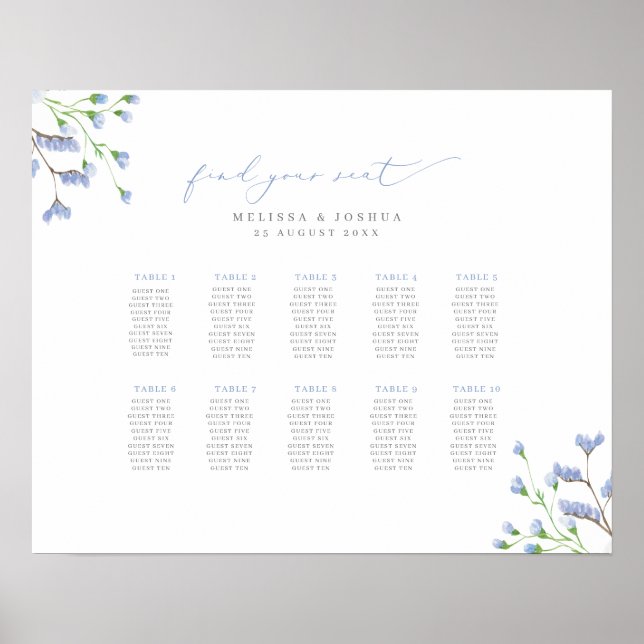 Póster Gráfica de asientos Boda de guiones de flores azul (Frente)