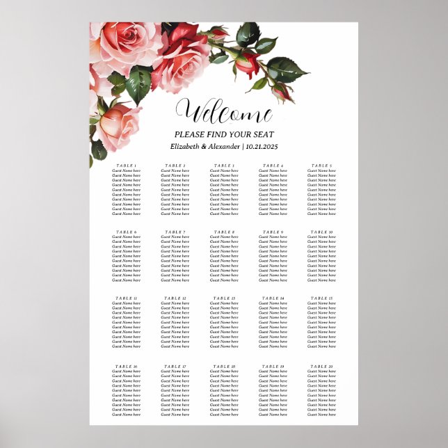 Póster Gráfica de asientos boda de rosas rojas rosadas os (Frente)