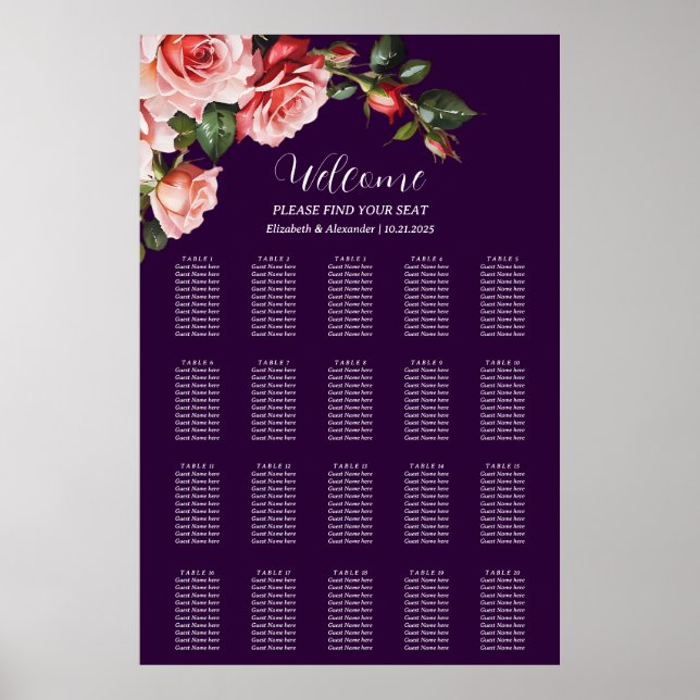 Póster Gráfica de asientos boda de rosas rojas rosadas os (Frente)
