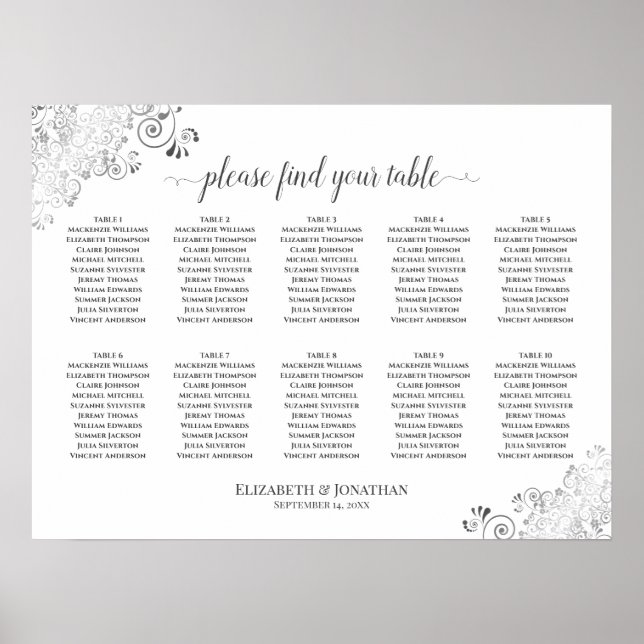 Póster Gráfica de asientos de 10 Bodas de mesa plateado b (Frente)