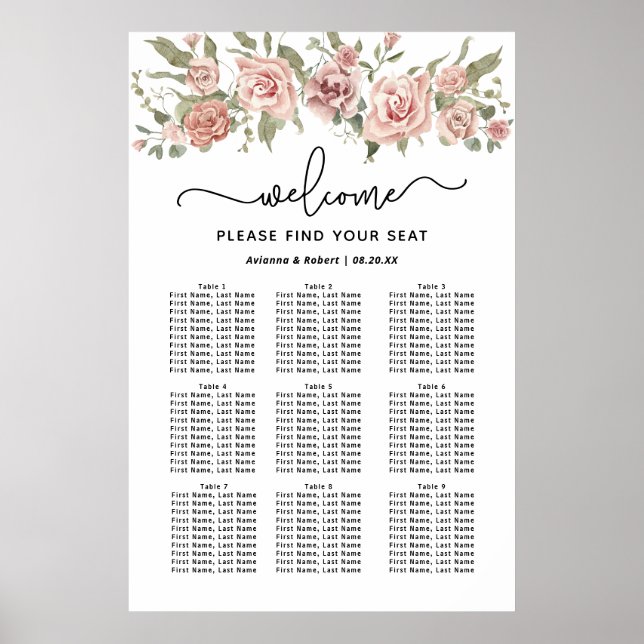 Póster Gráfica de asientos de 9 mesas para Bodas rosa y t (Frente)
