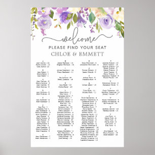 Póster Gráfica de asientos de Boda alfabético con flores 