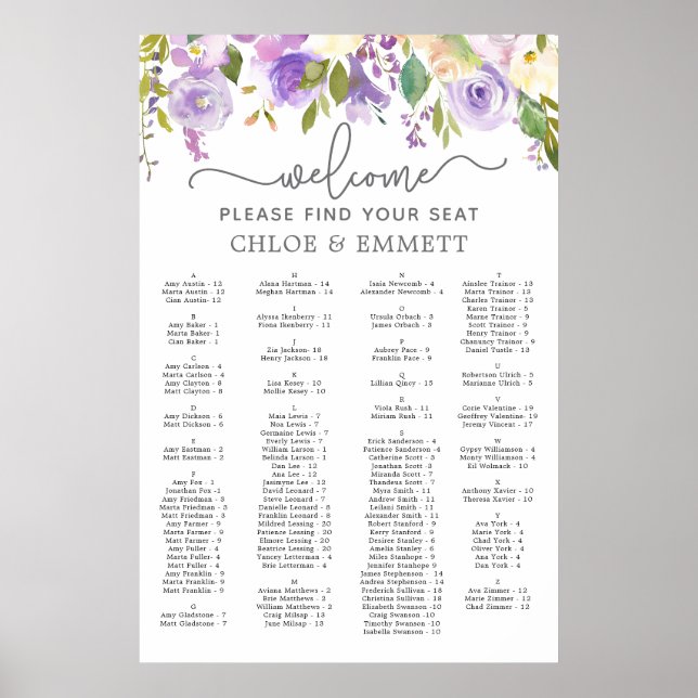 Póster Gráfica de asientos de Boda alfabético con flores  (Frente)