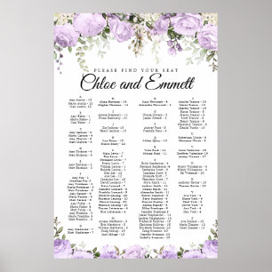 Póster Gráfica de asientos de Boda alfabético con flores