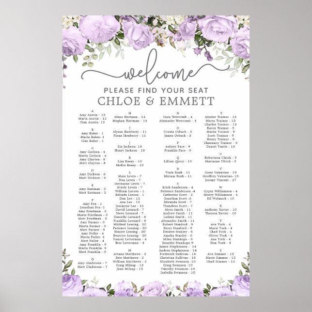 Póster Gráfica de asientos de Boda alfabético con flores  (Frente)