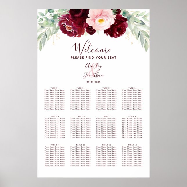 Póster Gráfica de asientos de Boda de monograma floral de (Frente)