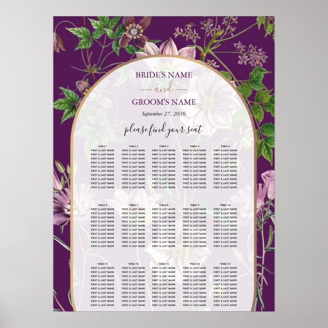Póster Gráfica de asientos de Boda de oro con vegetación  (Frente)