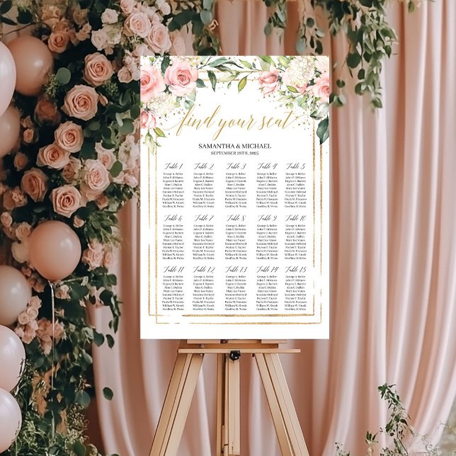 Póster Gráfica de asientos de boda de oro floral rosa boh (Boho blush pink floral gold wedding seating chart)