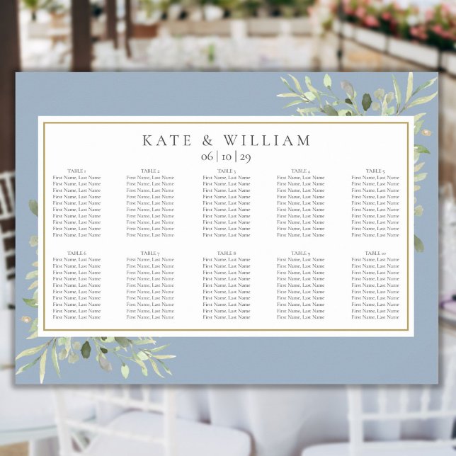 Póster Gráfica de asientos de Boda del follaje de vegetac (Dusty Blue Greenery Foliage Wedding Seating Chart)