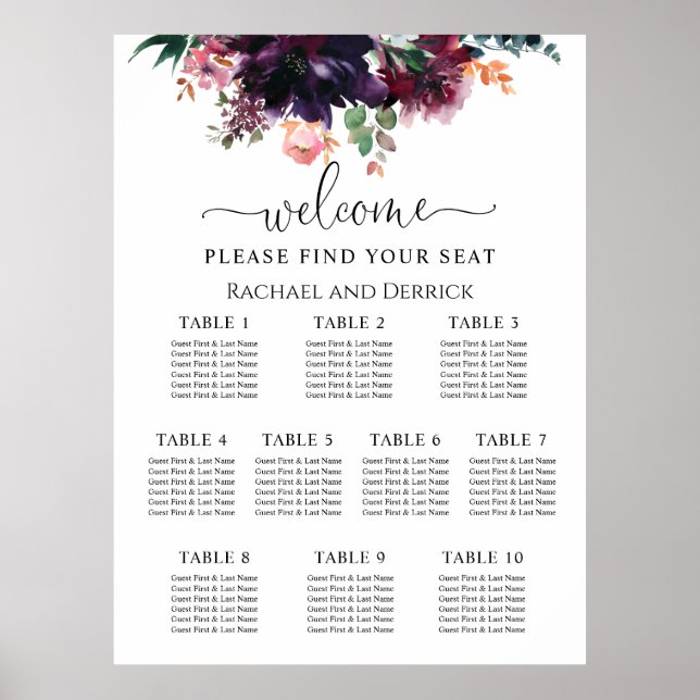 Póster Gráfica de asientos de Boda floral profundo de luj (Frente)