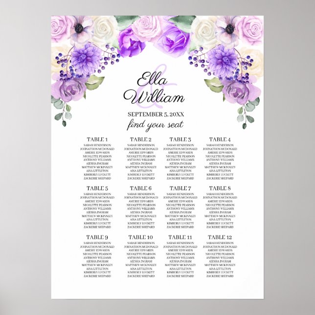 Póster Gráfica de asientos de Boda floral Purple Spring (Frente)