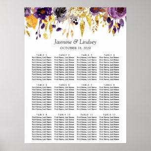 Póster Gráfica de asientos de Boda floral Purpurinas de o