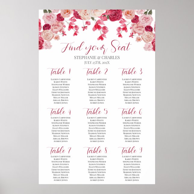 Póster Gráfica de asientos de Boda floral rosa magenta (Frente)