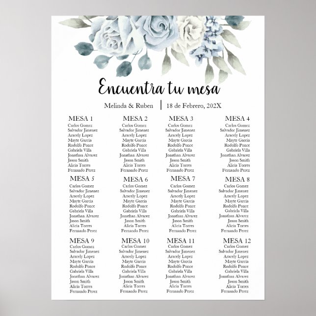 Póster Gráfica de asientos de bodas de flores azules verd (Frente)