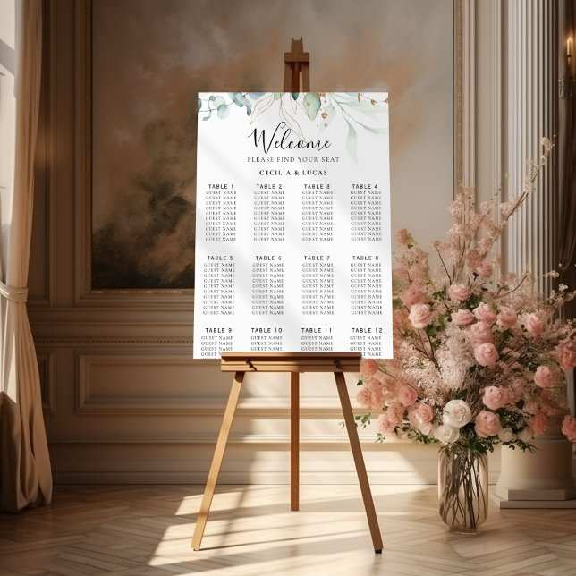 Póster Gráfica de asientos de Bodas de hojas verdes dorad (Subido por el creador)