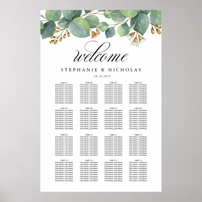 Póster Gráfica de asientos de guiones de eucalipto verde (Frente)