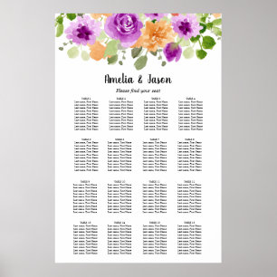 Póster Gráfica de asientos de mesa 16 Boda morado de flor