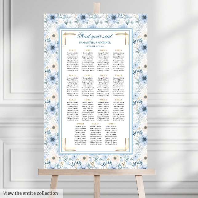 Póster Gráfica de asientos de oro azul claro de color de  (Luxury Watercolor Light Blue Gold Seating Chart)
