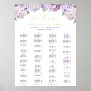 Póster Gráfica de asientos de Quinceañera floral púrpura 
