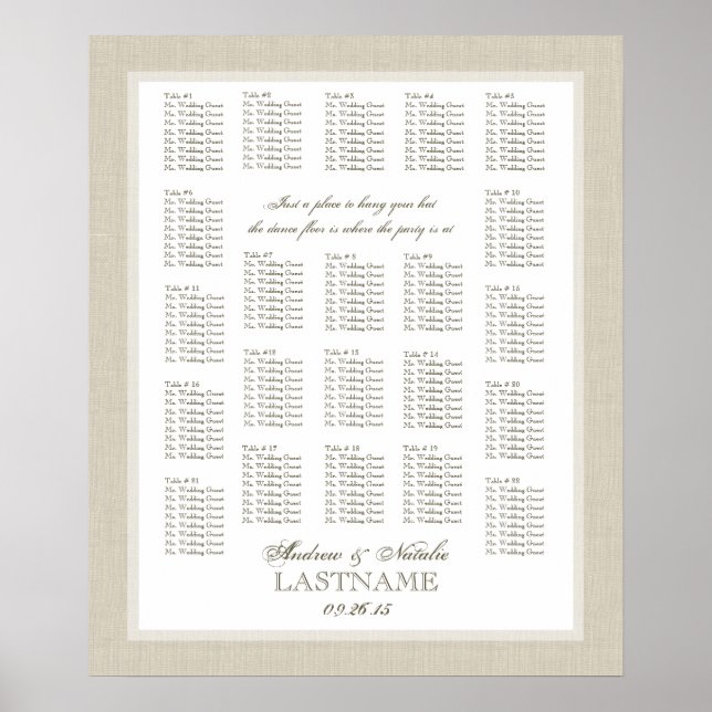 Póster Gráfica de asientos del Boda Burlap ligero (Frente)
