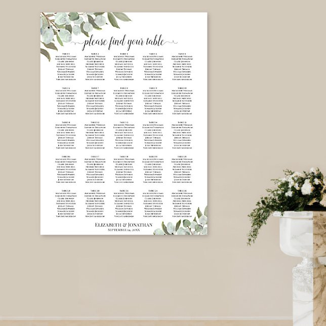 Póster Gráfica de asientos del Boda de mesa 25 (In Situ on Wall with Pedestal Vase)