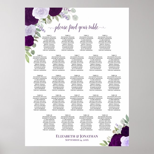 Póster Gráfica de asientos del Boda de mesa Purple Boho F (Frente)
