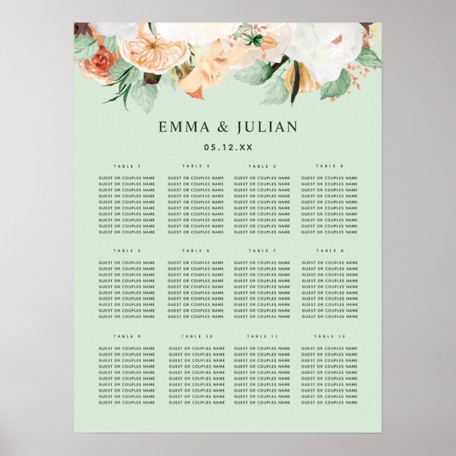 Póster Gráfica de asientos del Boda floral Boho Sage (Frente)