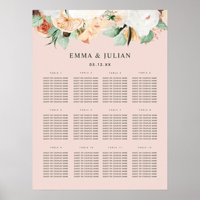 Póster Gráfica de asientos del Boda rosa del Boho Rubor (Frente)