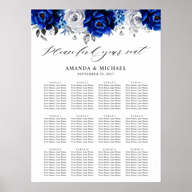 Póster Gráfica de asientos florales Royal Blue White Silv (Frente)