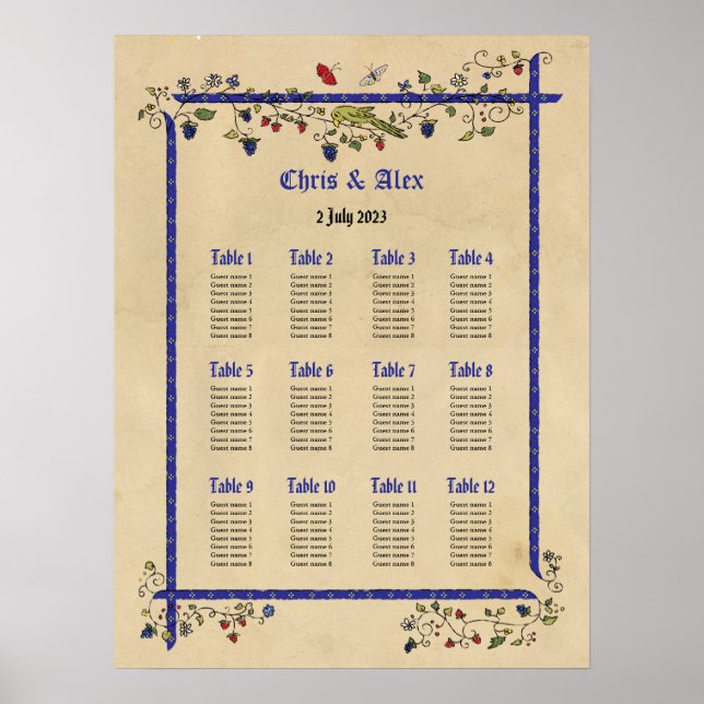 Póster Gráfica de asientos para bodas de animales medieva (Frente)