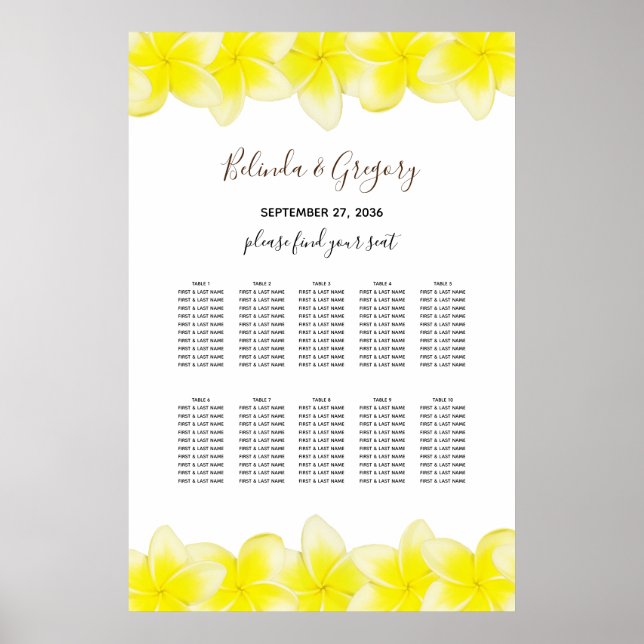 Póster Gráfica de asientos para Bodas de Plumeria Frangip (Frente)