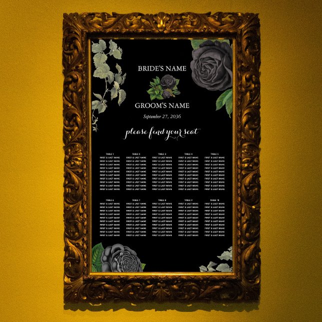 Póster Gráfica de asientos para Bodas de Rosas negros de  (Gothic Halloween Black Roses Wedding Seating Chart)