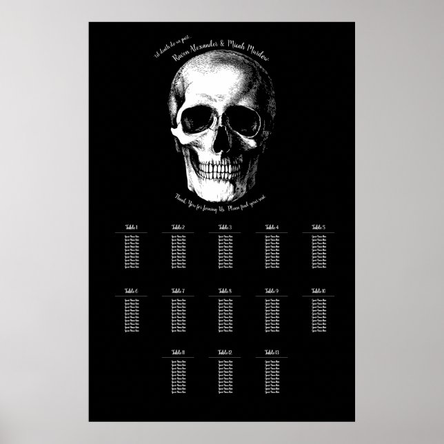 Póster Gráfica de asientos para Bodas góticos Skull Hallo (Frente)