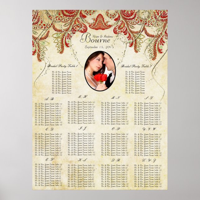 Póster Gráfica de asientos Red y Gold para su Boda fotogr (Frente)