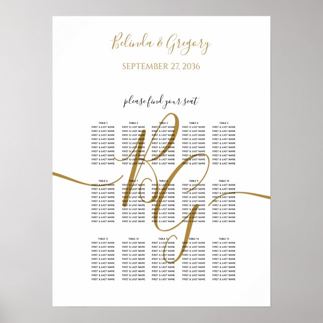 Póster Gráfica de asientos simple del Boda inicial dorado (Frente)